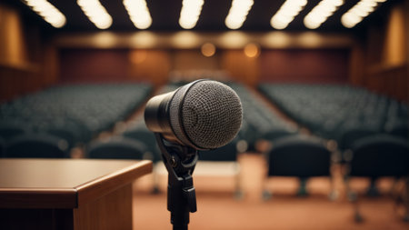 Microphone in conference hall or seminar room. Business and education concept.の素材