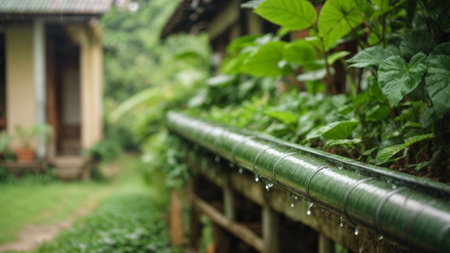 Rain drop on the roof of the house with green nature background.の素材