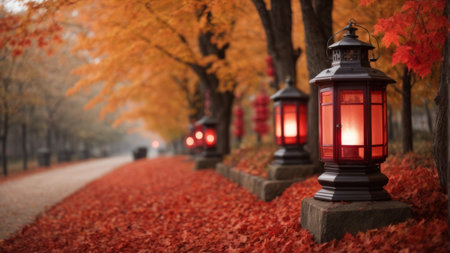 Autumn street lanterns in the park with fallen leaves on the groundの素材
