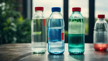 Bottles of water on a table in a restaurant. Selective focus.の素材