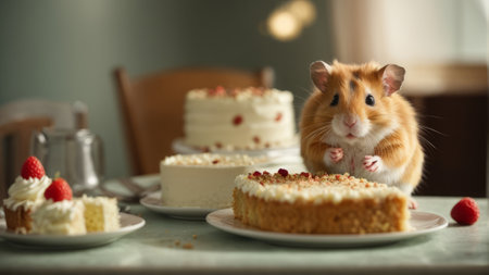 Hamster and tasty cake on table, closeup. Funny petの素材