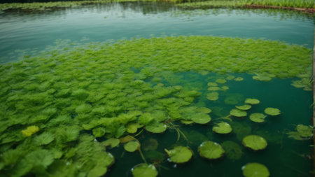 water lily in the pond with green leaves on the surface.の素材