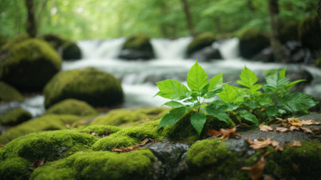 Green moss on rocks with waterfall in the background. Soft focus.の素材