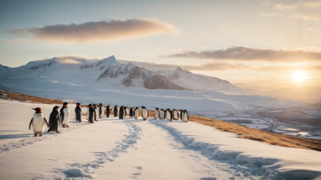 Group of king penguins walking on the snow in Antarctica during sunsetの素材