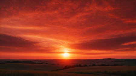 Beautiful sunset over the field. Beautiful landscape. Sunset over the field.の素材