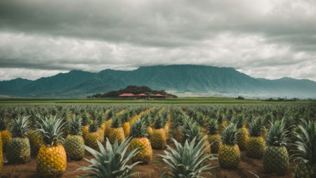 Pineapple field with mountains in the background and cloudy sky.の素材