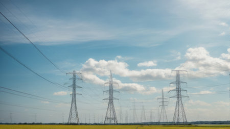 High voltage power lines and pylons in a sunny day.の素材