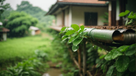 Closeup view of a house with a green roof in the backgroundの素材