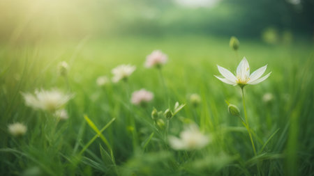 Beautiful white flower in the meadow with green grass background.の素材