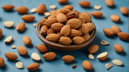 Almond nuts in wooden bowl on blue background. Healthy food concept.の素材