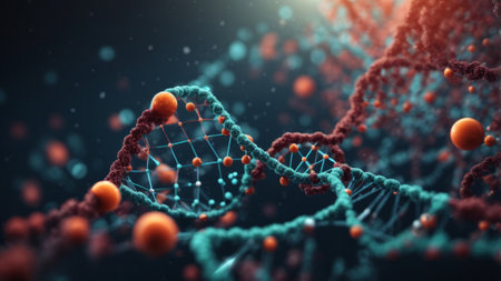 3d render of DNA molecule structure. Science and medical background.の素材