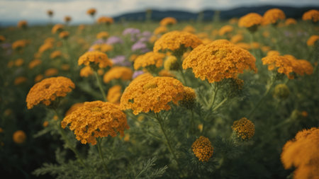 Achillea millefolium, yellow flowers on the fieldの素材