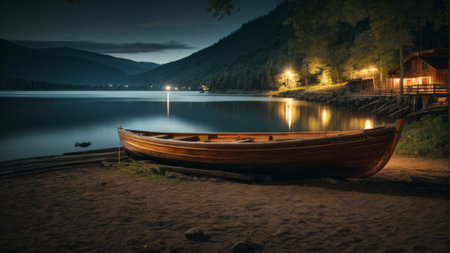 Wooden boat on the shore of a mountain lake at night.の素材