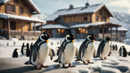 Gentoo penguins in the swiss alps in winterの素材