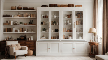 Interior of modern living room with white cupboard and bookshelfの素材