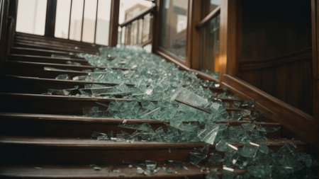 Broken glass on the stairs. Broken glass on the stairs.の素材