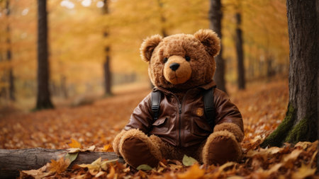Teddy bear sitting on fallen leaves in autumn forest. Happy childhoodの素材