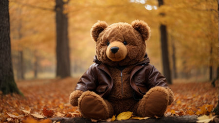 Teddy bear sitting in autumn forest with yellow leaves and fallen leavesの素材