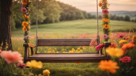 Wooden swing in the meadow with colorful flowers. Selective focus.の素材