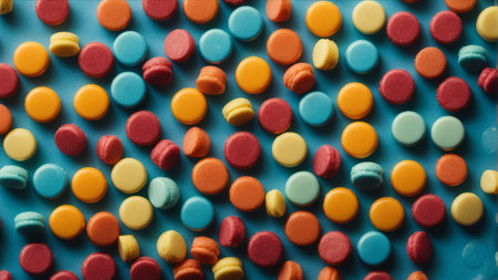 Colorful candies on blue background. Top view. Toned.の素材