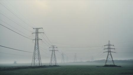 High-voltage power lines in a foggy field at sunriseの素材