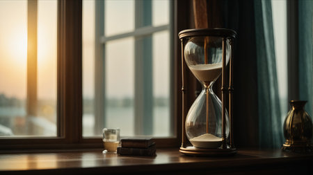 Hourglass on the background of the window. Time passing concept.の素材