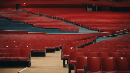 Empty red seats in a sports hall. Focus on the seats.の素材