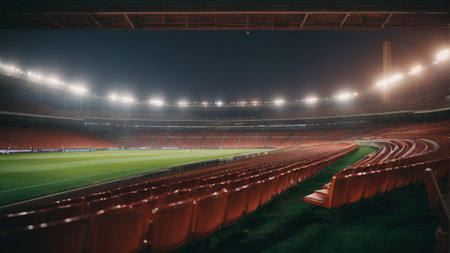 Football stadium at night with red seats and lights, wide angle viewの素材