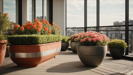 Flowers in pots on terrace with city view, closeupの素材
