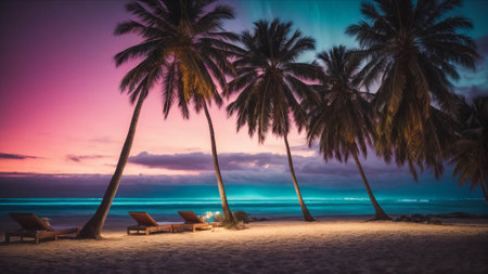 Beautiful tropical beach with coconut palm tree at sunset. Panoramaの素材