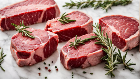 Raw beef steak with rosemary and spices on white marble background.の素材