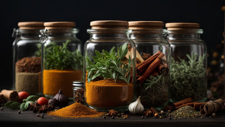 Spices and herbs in glass jars. Food and cuisine ingredients.の素材