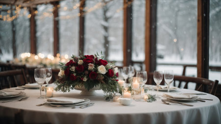 Wedding table decorated with flowers and candles in winter forest.の素材