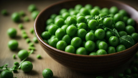 Bowl of fresh green peas on wooden table. Selective focus.の素材