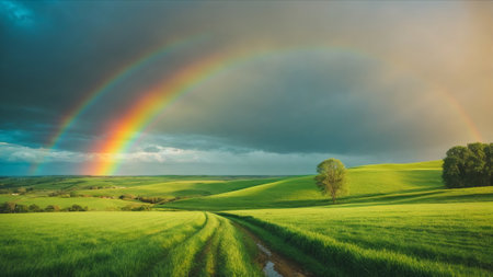 rainbow over green field and blue sky, panoramic viewの素材