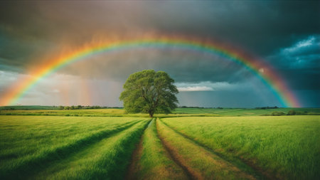 Rainbow over a green field with a lone tree and a rainbowの素材