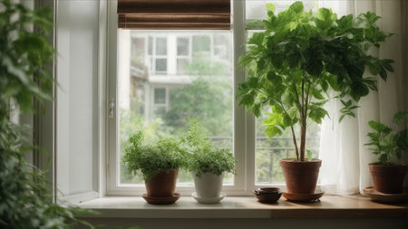 Flower pots on the windowsill in the living room with green plantsの素材