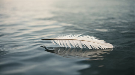 White feather floating on the surface of the water. Shallow depth of fieldの素材