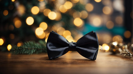 Black bow tie on a wooden table against the background of a Christmas treeの素材