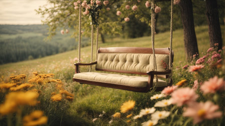 Beautiful vintage swing with flowers in the meadow at sunset.の素材