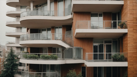 Modern apartment buildings on a cloudy day. Facade of a modern apartment buildingの素材