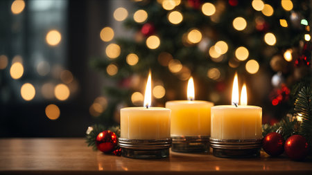 Burning candles on wooden table in front of Christmas tree, closeupの素材