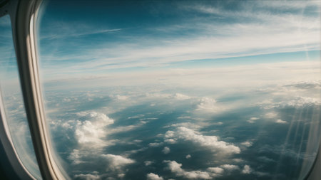Clouds seen through a window of an aircraft during a flight.の素材