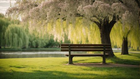 Bench in the park with blooming tree and green grass background.の素材