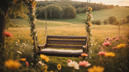 Wooden swing in the meadow with flowers in the evening.の素材