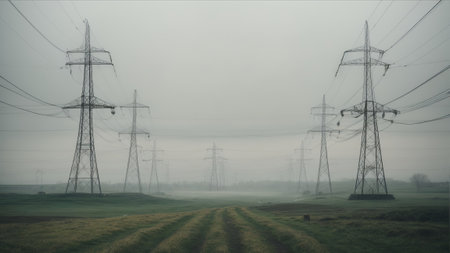High-voltage lines in a foggy meadow at sunriseの素材