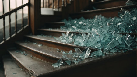Broken glass shards on the stairs. Broken glass shards on the stairs.の素材