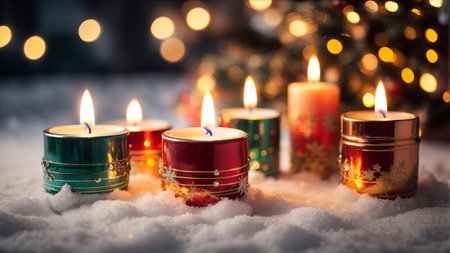 Christmas candles on snow with bokeh background. Christmas and New Year concept.の素材