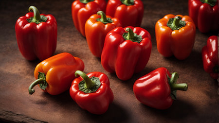 Red and yellow bell peppers on wooden background. Selective focus.の素材