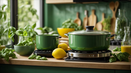 Green saucepans with fresh basil and lemon on the kitchen counterの素材